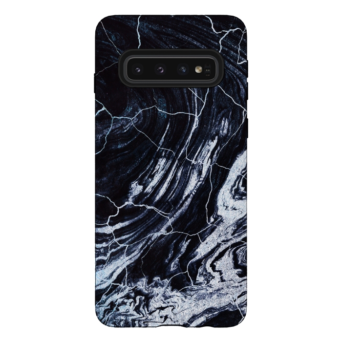 Galaxy S10 StrongFit Dark navy cracked marble painting by Oana 