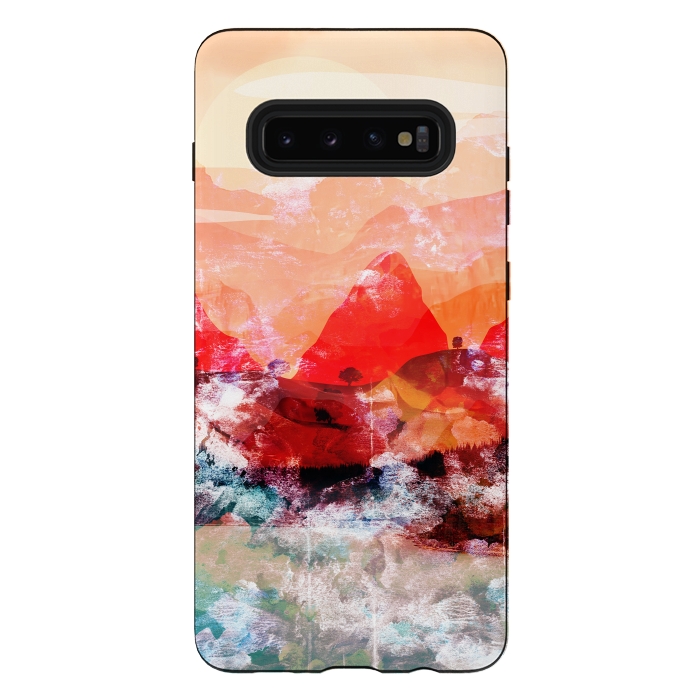 Galaxy S10 plus StrongFit Red peach abstract brushed mountain landscape by Oana 