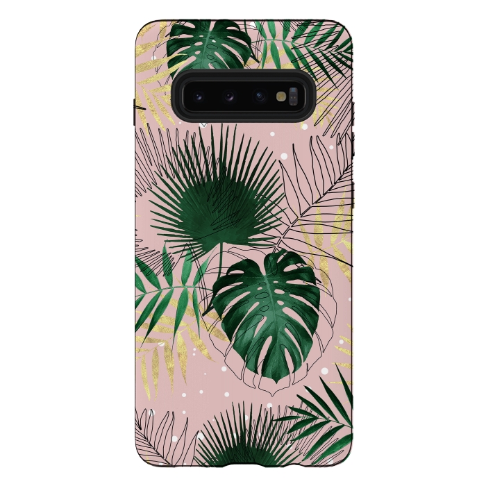 Galaxy S10 plus StrongFit Modern gold tropical leaves and doddles design  by InovArts