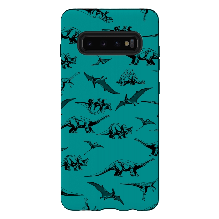 Galaxy S10 plus StrongFit Dinosaurs on Teal Background by Karolina