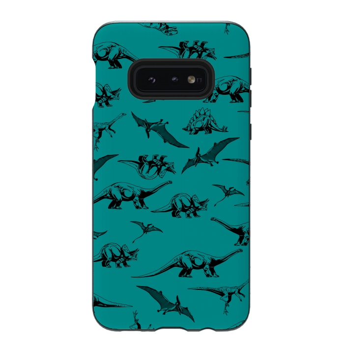 Galaxy S10e StrongFit Dinosaurs on Teal Background by Karolina
