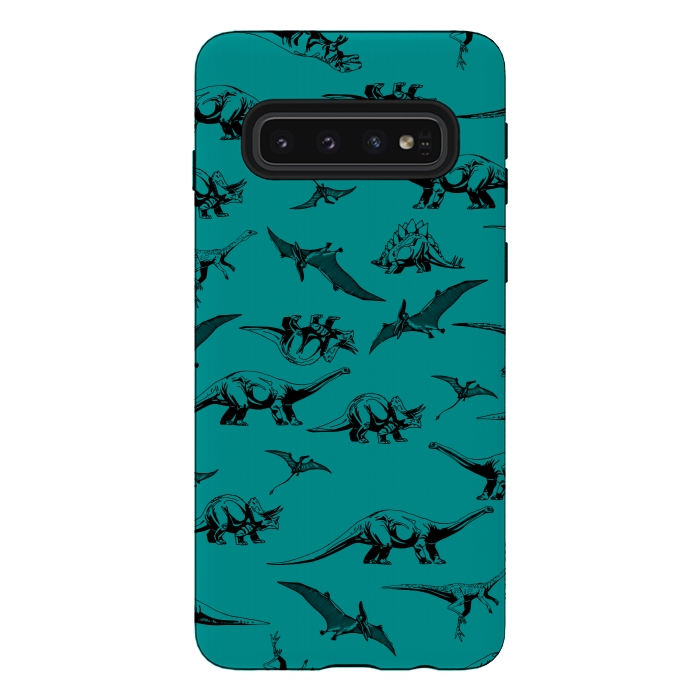 Galaxy S10 StrongFit Dinosaurs on Teal Background by Karolina