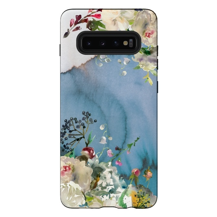 Galaxy S10 plus StrongFit White florals on blue watercolor ink texture by  Utart