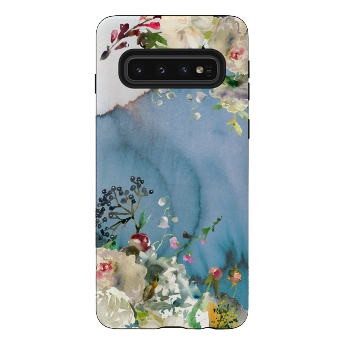 Galaxy S10 StrongFit White florals on blue watercolor ink texture by  Utart