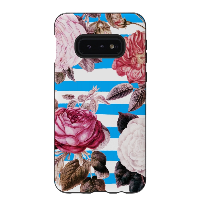 Galaxy S10e StrongFit Vintage roses illustration on blue and white stripes by Oana 