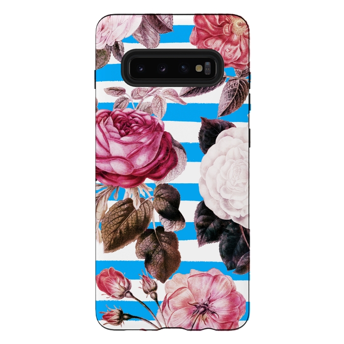 Galaxy S10 plus StrongFit Vintage vibrant roses on stripes by Oana 