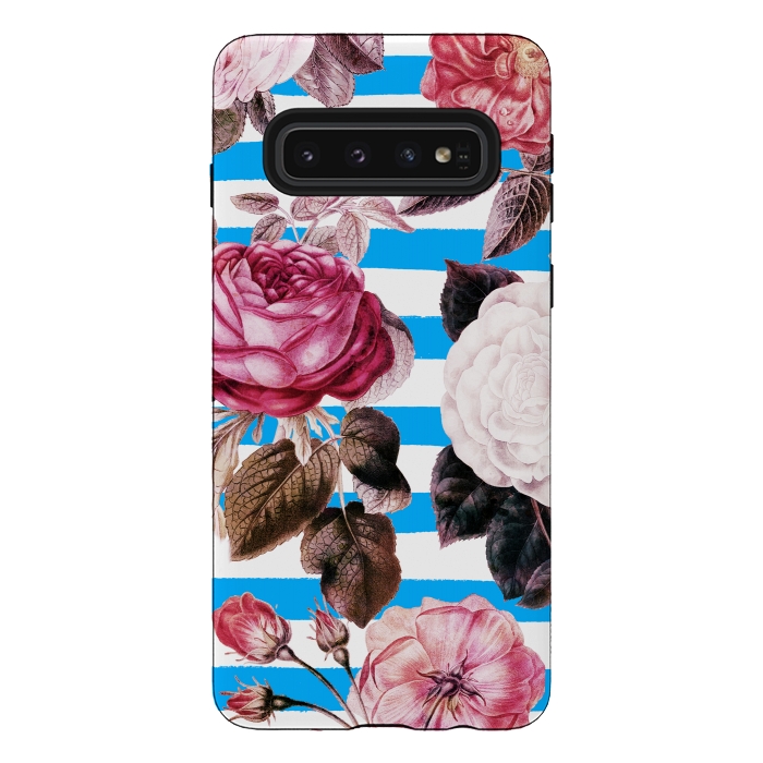Galaxy S10 StrongFit Vintage vibrant roses on stripes by Oana 