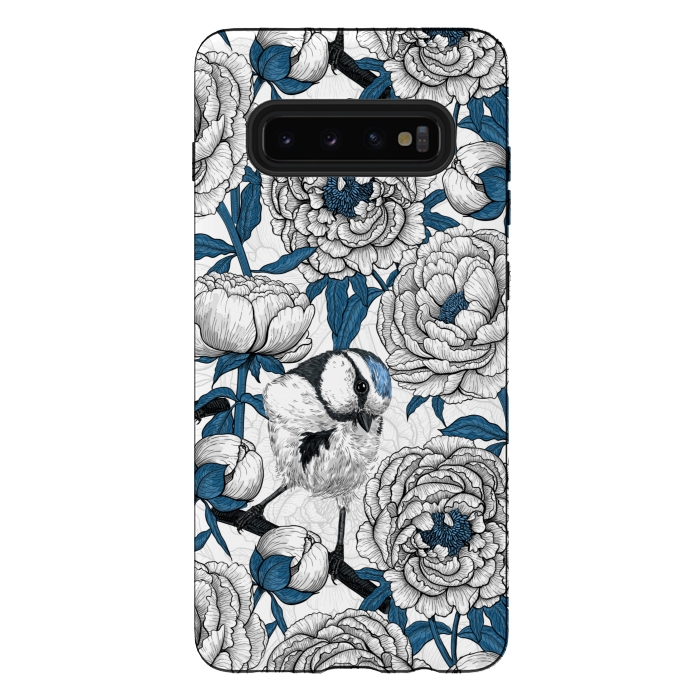 Galaxy S10 plus StrongFit White peonies and blue tit birds by Katerina Kirilova