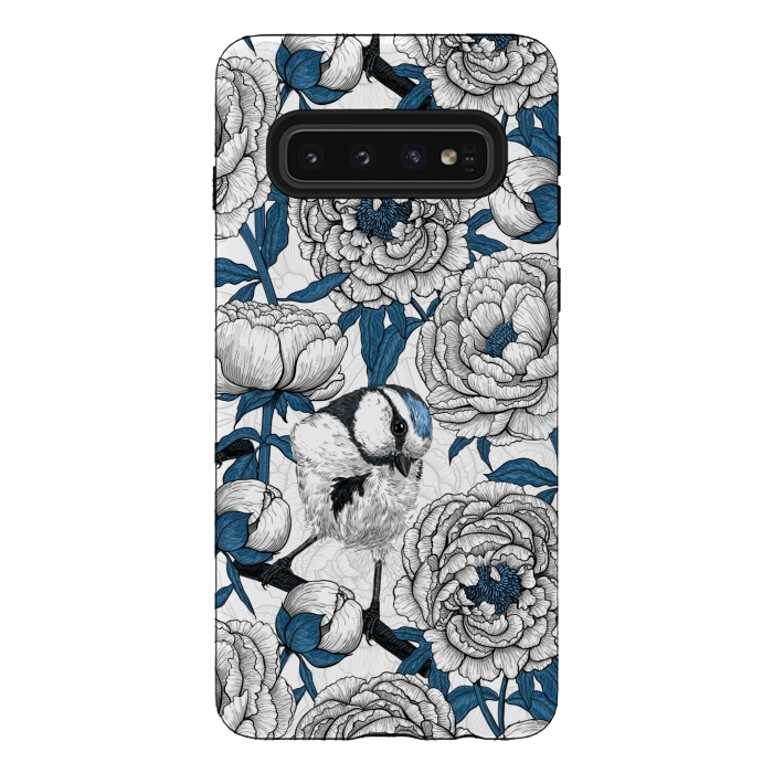 Galaxy S10 StrongFit White peonies and blue tit birds by Katerina Kirilova