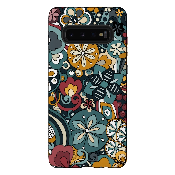 Galaxy S10 plus StrongFit Retro Moody Florals in Blue, Red and Mustard by Paula Ohreen