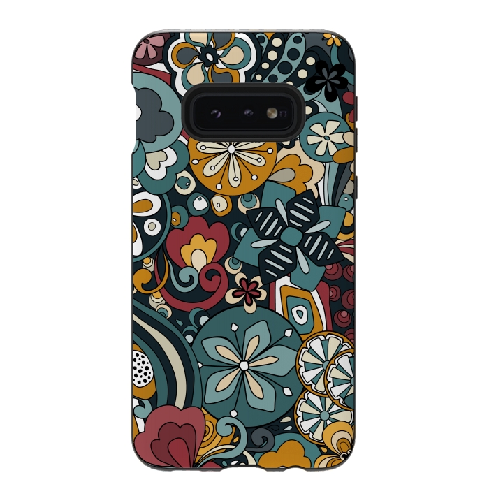 Galaxy S10e StrongFit Retro Moody Florals in Blue, Red and Mustard by Paula Ohreen