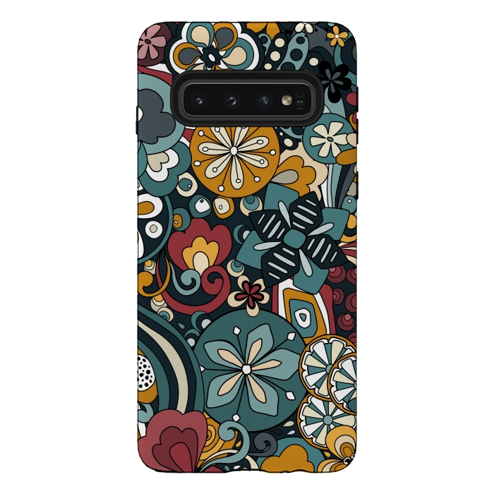 Galaxy S10 StrongFit Retro Moody Florals in Blue, Red and Mustard by Paula Ohreen