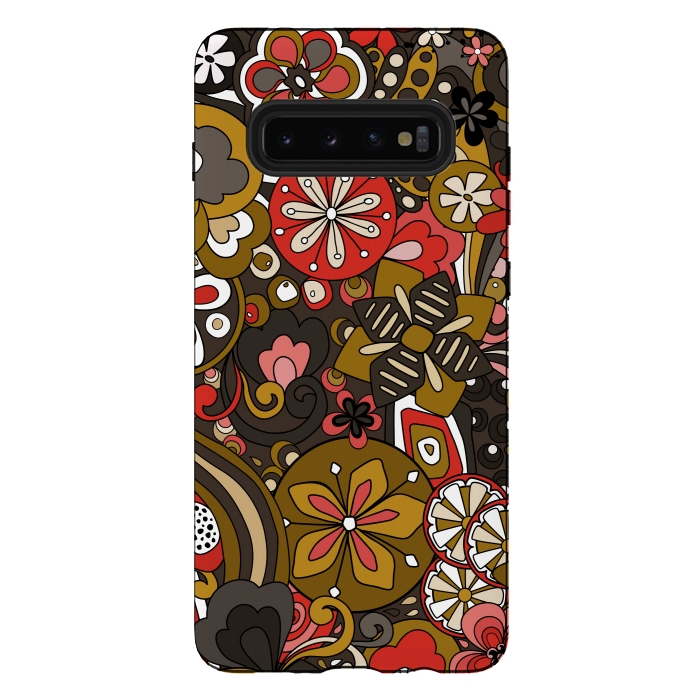 Galaxy S10 plus StrongFit Retro Moody Florals in Red, Mustard and Brown by Paula Ohreen