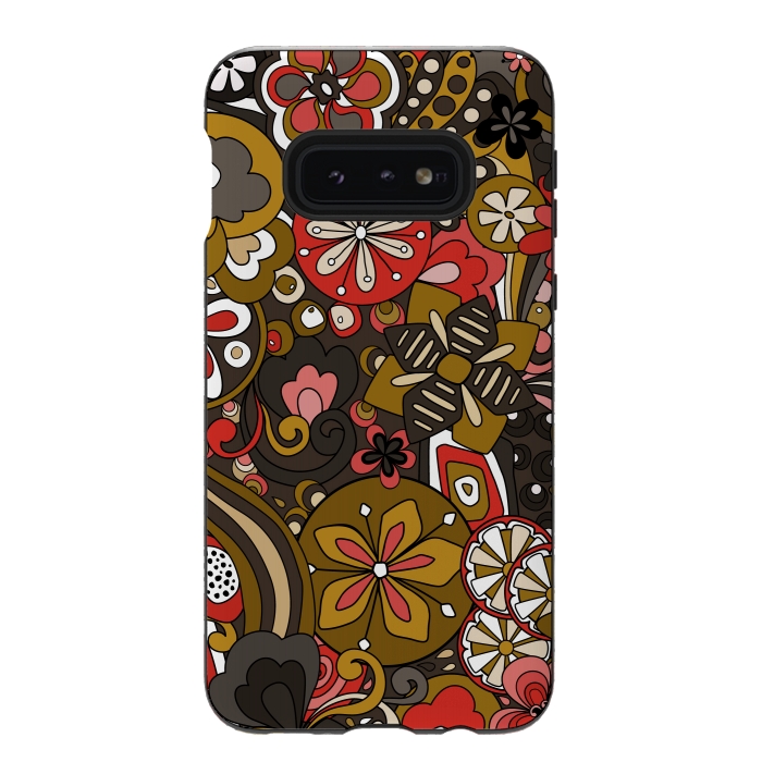 Galaxy S10e StrongFit Retro Moody Florals in Red, Mustard and Brown by Paula Ohreen