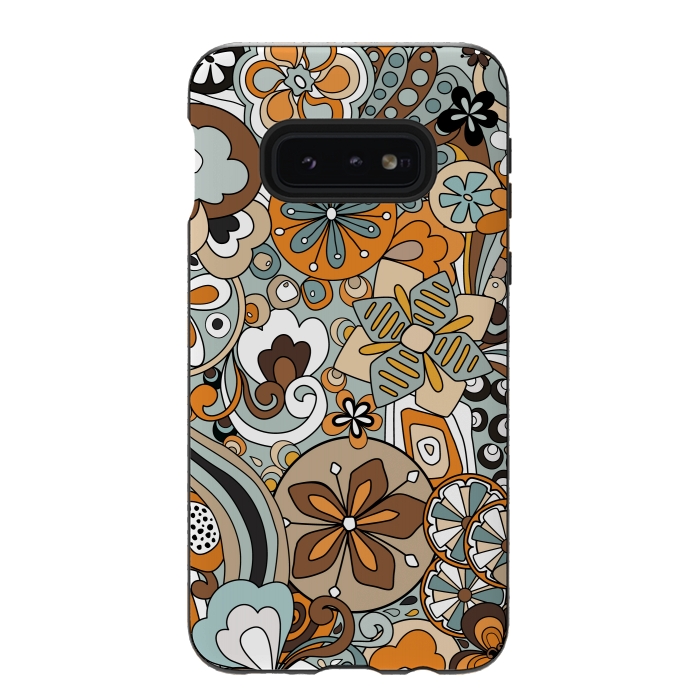 Galaxy S10e StrongFit Retro Moody Florals in Blue and Orange by Paula Ohreen