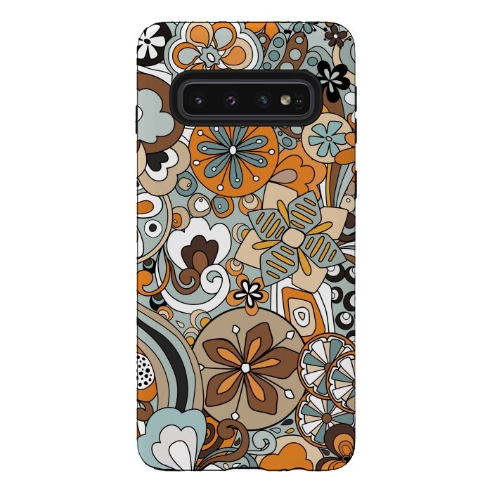 Galaxy S10 StrongFit Retro Moody Florals in Blue and Orange by Paula Ohreen