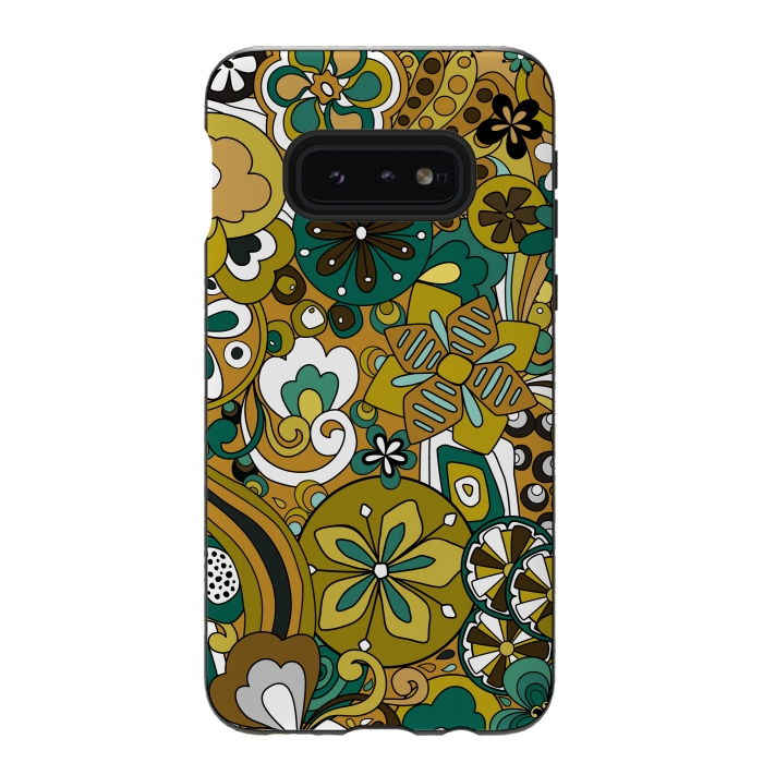 Galaxy S10e StrongFit Retro Moody Florals in Green and Mustard by Paula Ohreen