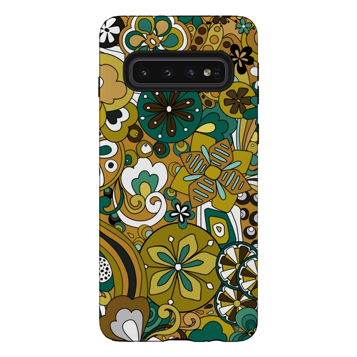 Galaxy S10 StrongFit Retro Moody Florals in Green and Mustard by Paula Ohreen