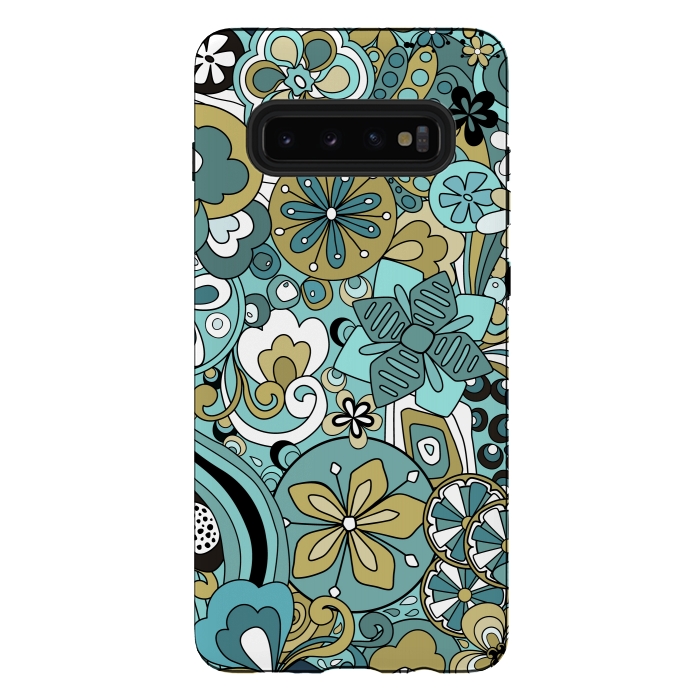 Galaxy S10 plus StrongFit Retro Moody Florals in Blue and Green by Paula Ohreen