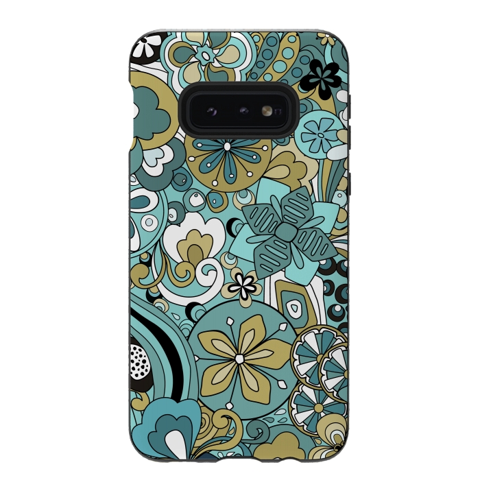 Galaxy S10e StrongFit Retro Moody Florals in Blue and Green by Paula Ohreen