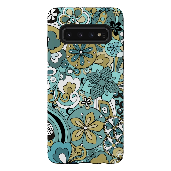 Galaxy S10 StrongFit Retro Moody Florals in Blue and Green by Paula Ohreen