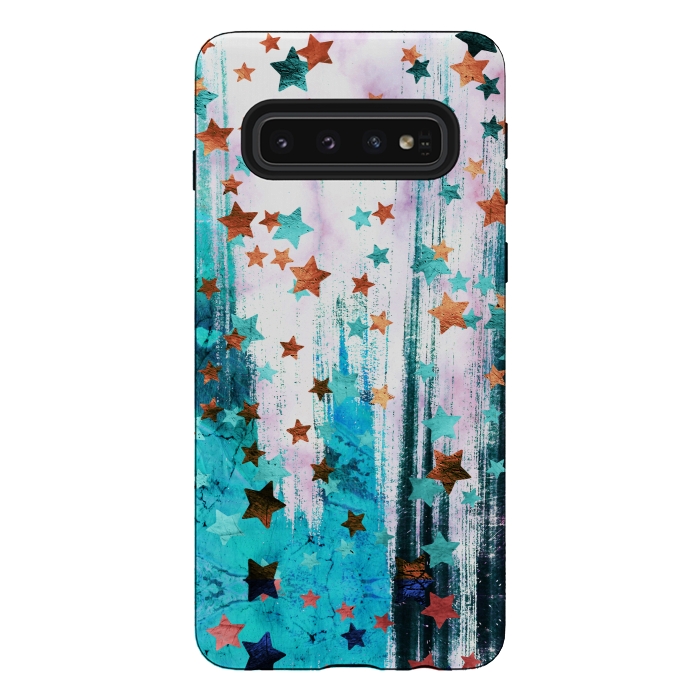 Galaxy S10 StrongFit Metalic gold copper stars on blue marble by Oana 