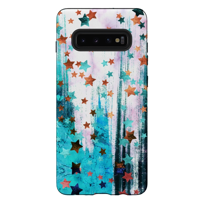 Galaxy S10 plus StrongFit Metalic gold copper stars on blue marble by Oana 