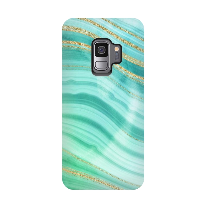 Galaxy S9 StrongFit Teal Turquoise and Gold Foil Marble Waves by DaDo ART