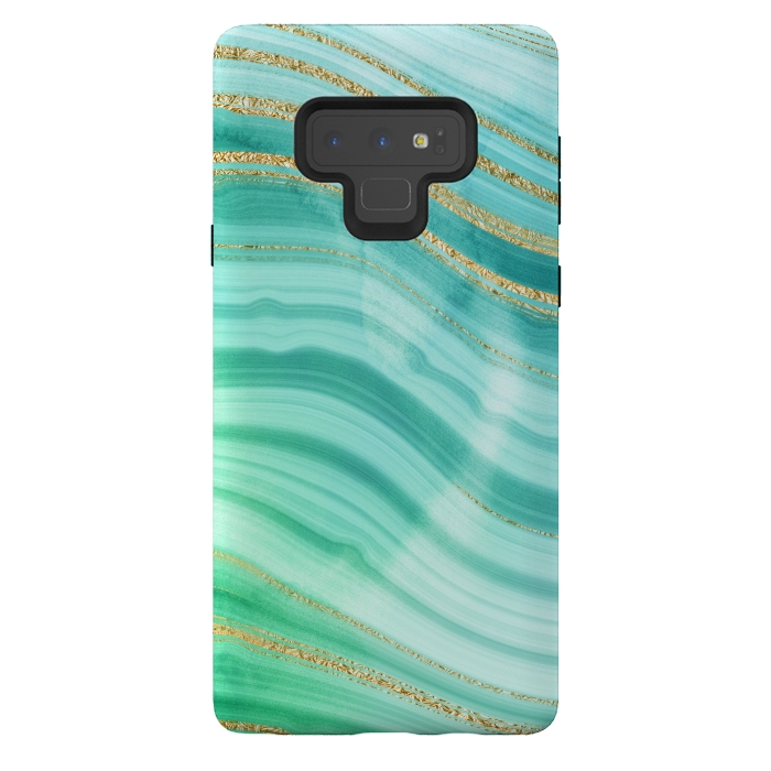 Galaxy Note 9 StrongFit Teal Turquoise and Gold Foil Marble Waves by DaDo ART