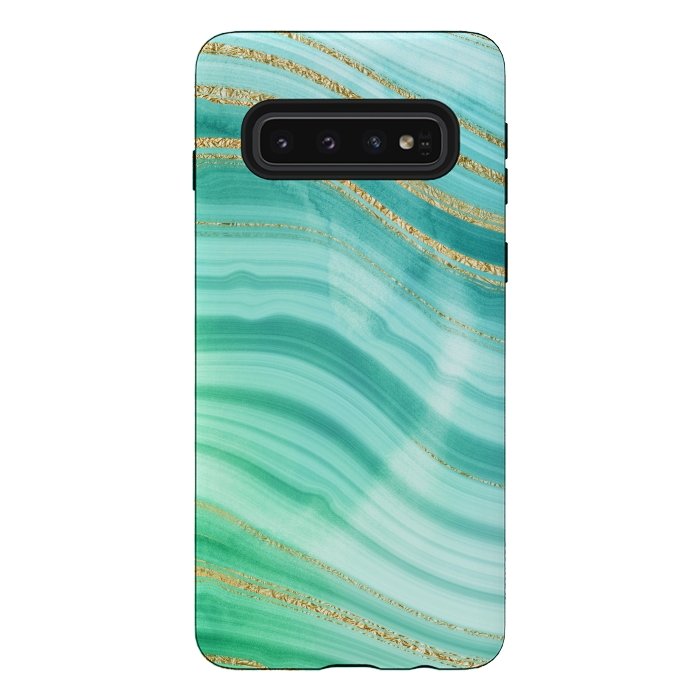 Galaxy S10 StrongFit Teal Turquoise and Gold Foil Marble Waves by DaDo ART