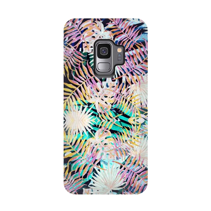 Galaxy S9 StrongFit Colorful tropical palm leaves and stripes by Oana 
