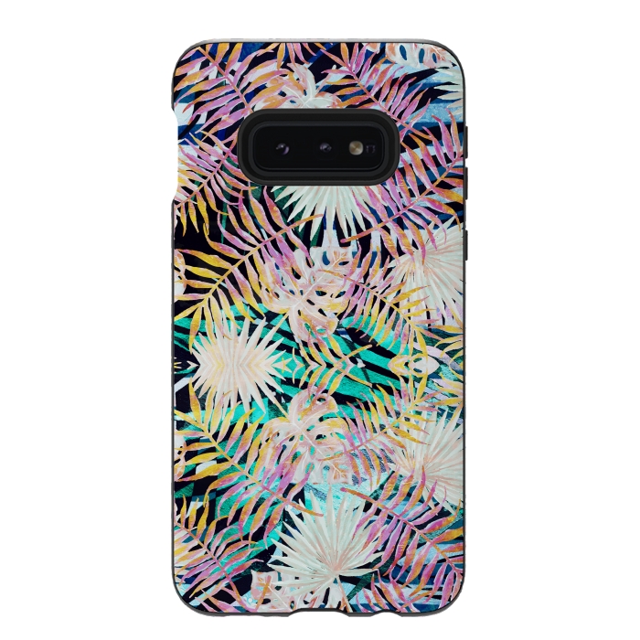 Galaxy S10e StrongFit Colorful tropical palm leaves and stripes by Oana 
