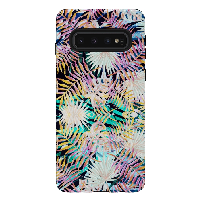 Galaxy S10 StrongFit Colorful tropical palm leaves and stripes by Oana 