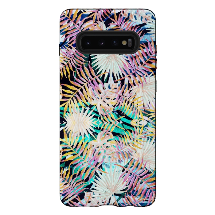 Galaxy S10 plus StrongFit Colorful tropical palm leaves and stripes by Oana 