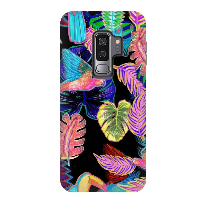 Galaxy S9 plus StrongFit Colorful sketched tropical birds and leaves by Oana 