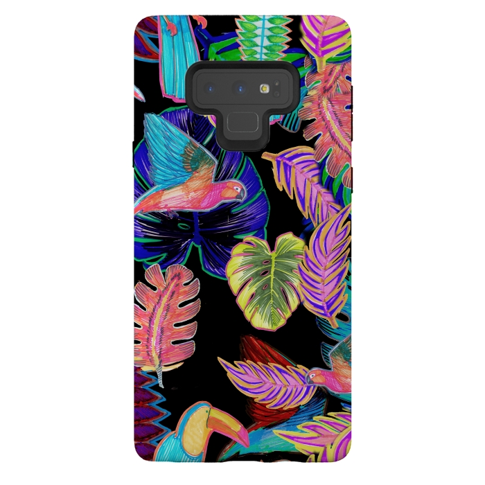 Galaxy Note 9 StrongFit Colorful sketched tropical birds and leaves by Oana 