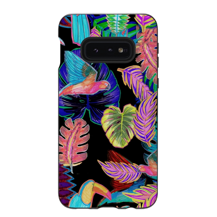 Galaxy S10e StrongFit Colorful sketched tropical birds and leaves by Oana 