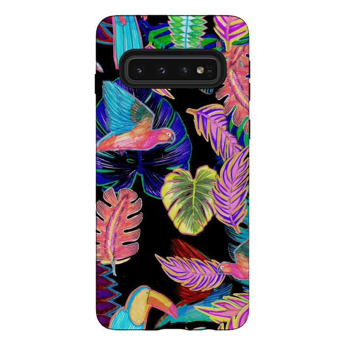 Galaxy S10 StrongFit Colorful sketched tropical birds and leaves by Oana 