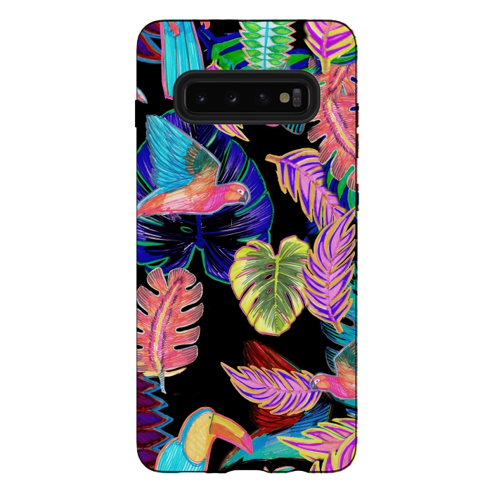 Galaxy S10 plus StrongFit Colorful sketched tropical birds and leaves by Oana 