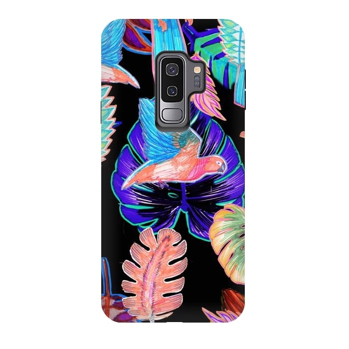 Galaxy S9 plus StrongFit Colorful parrot and tropical leaves by Oana 