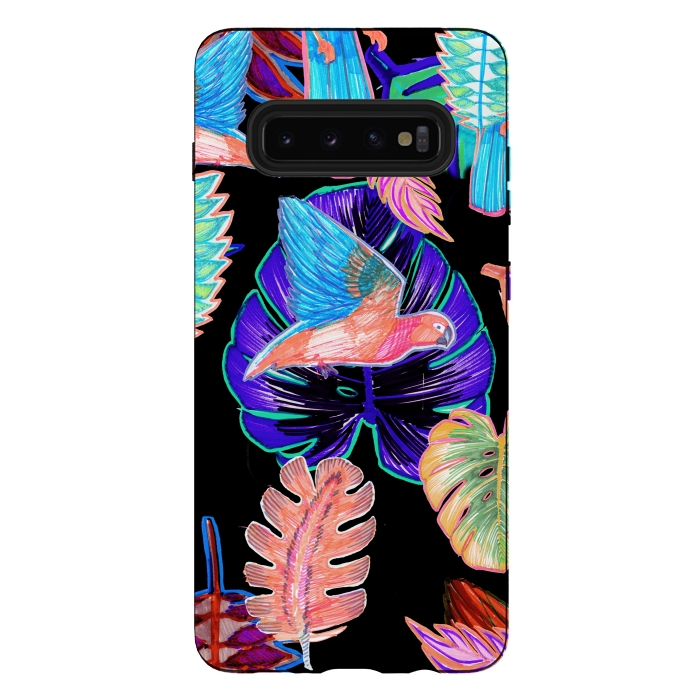 Galaxy S10 plus StrongFit Colorful parrot and tropical leaves by Oana 
