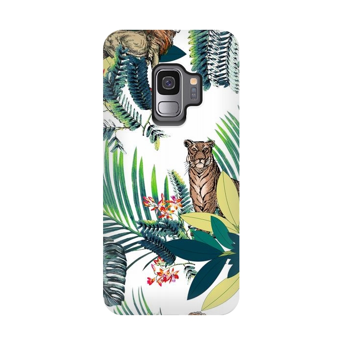 Galaxy S9 StrongFit Tiger and tropical jungle leaves and flowers by Oana 