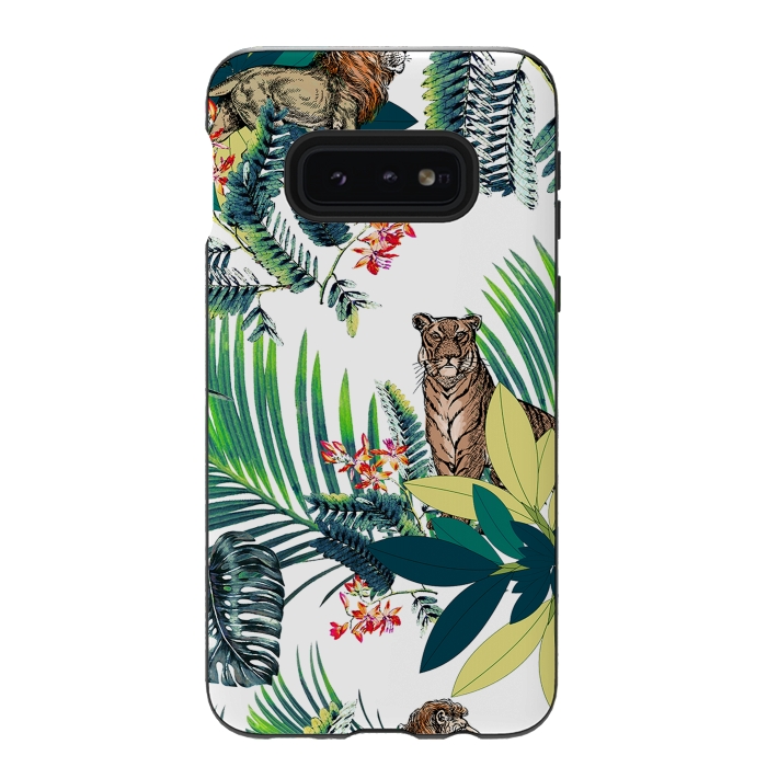 Galaxy S10e StrongFit Tiger and tropical jungle leaves and flowers by Oana 
