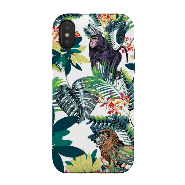iPhone Xs / X StrongFit Monkey, lion and tropical foliage illustration by Oana 
