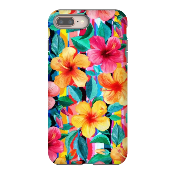 iPhone 7 plus StrongFit OTT Maximalist Hawaiian Hibiscus Floral with Stripes by Micklyn Le Feuvre