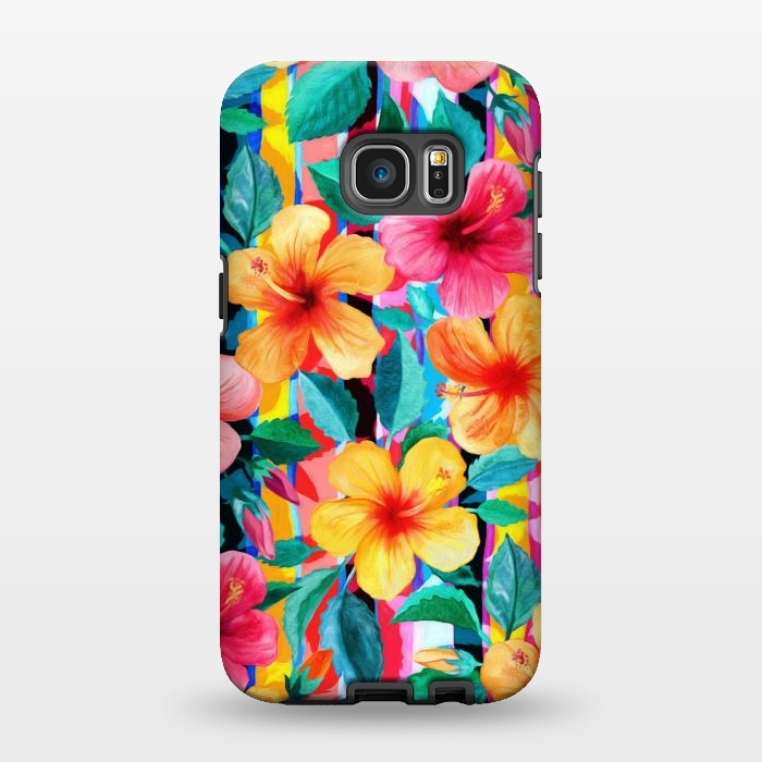 Galaxy S7 EDGE StrongFit OTT Maximalist Hawaiian Hibiscus Floral with Stripes by Micklyn Le Feuvre