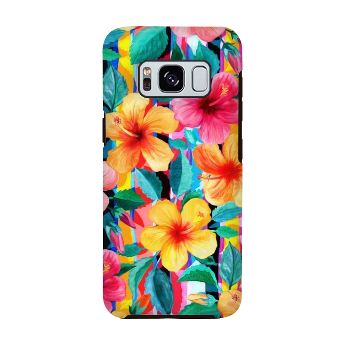 Galaxy S8 StrongFit OTT Maximalist Hawaiian Hibiscus Floral with Stripes by Micklyn Le Feuvre