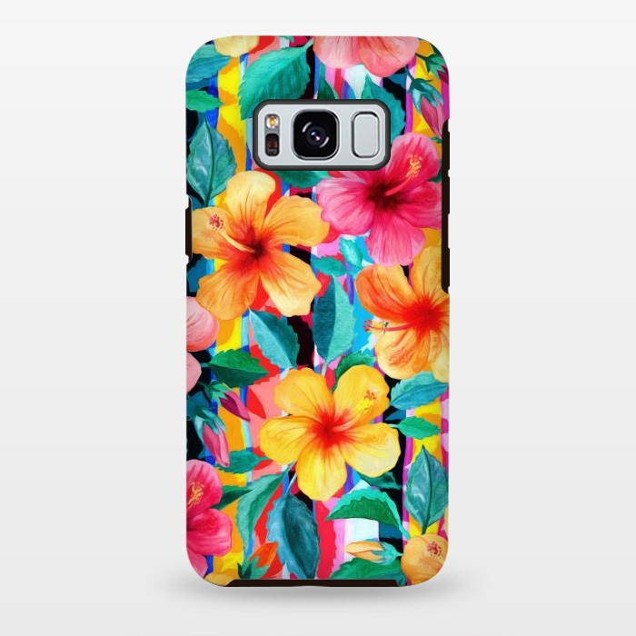 Galaxy S8 plus StrongFit OTT Maximalist Hawaiian Hibiscus Floral with Stripes by Micklyn Le Feuvre