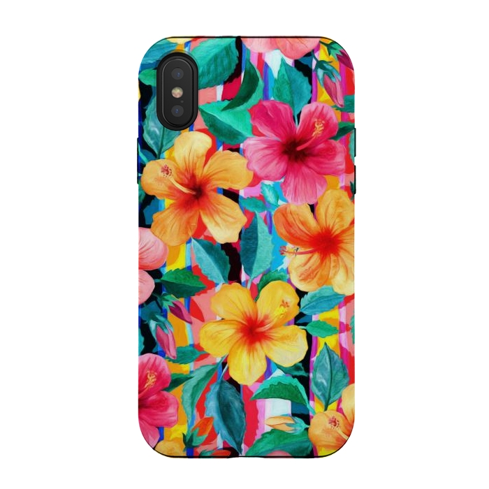 iPhone Xs / X StrongFit OTT Maximalist Hawaiian Hibiscus Floral with Stripes by Micklyn Le Feuvre