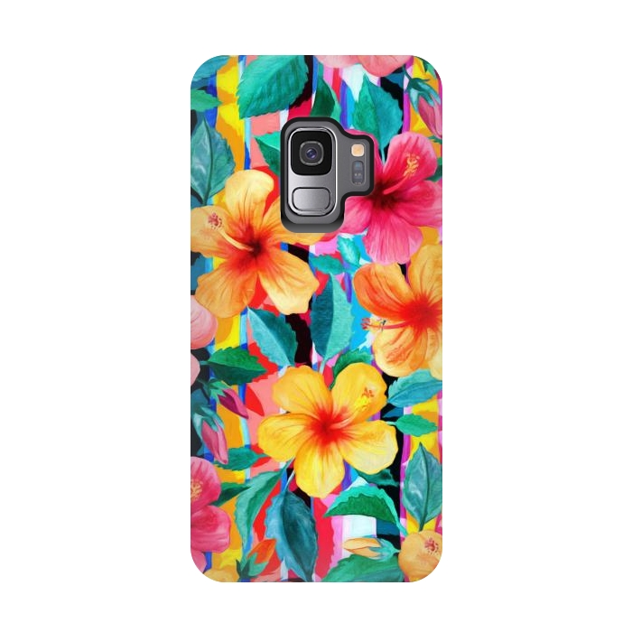 Galaxy S9 StrongFit OTT Maximalist Hawaiian Hibiscus Floral with Stripes by Micklyn Le Feuvre